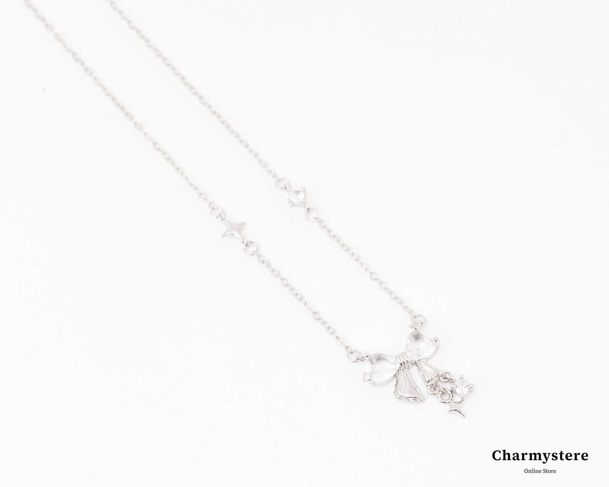 ガーリーリボンストーンチェーンネックレス