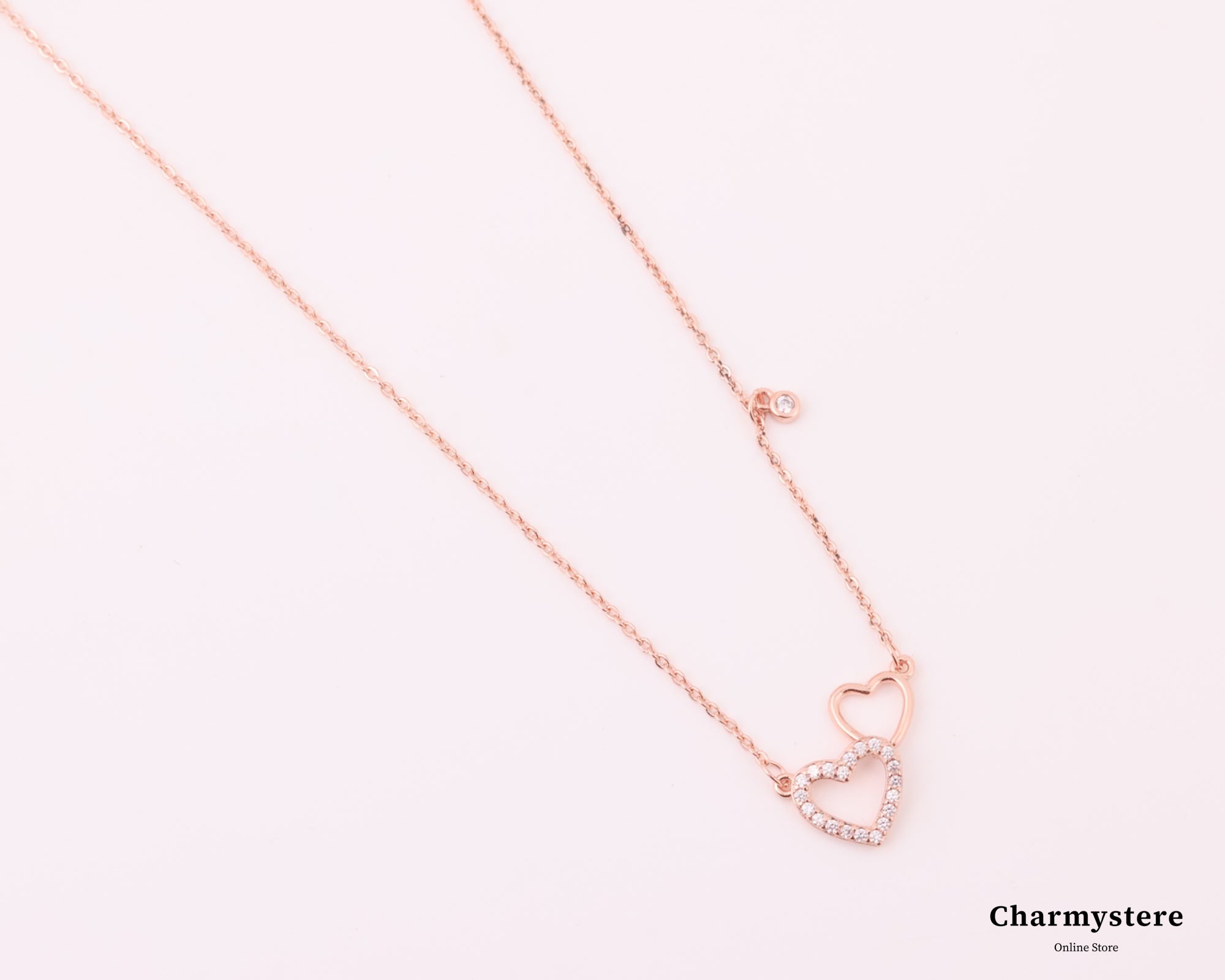 ダブルハートラウンドストーンチェーンネックレス