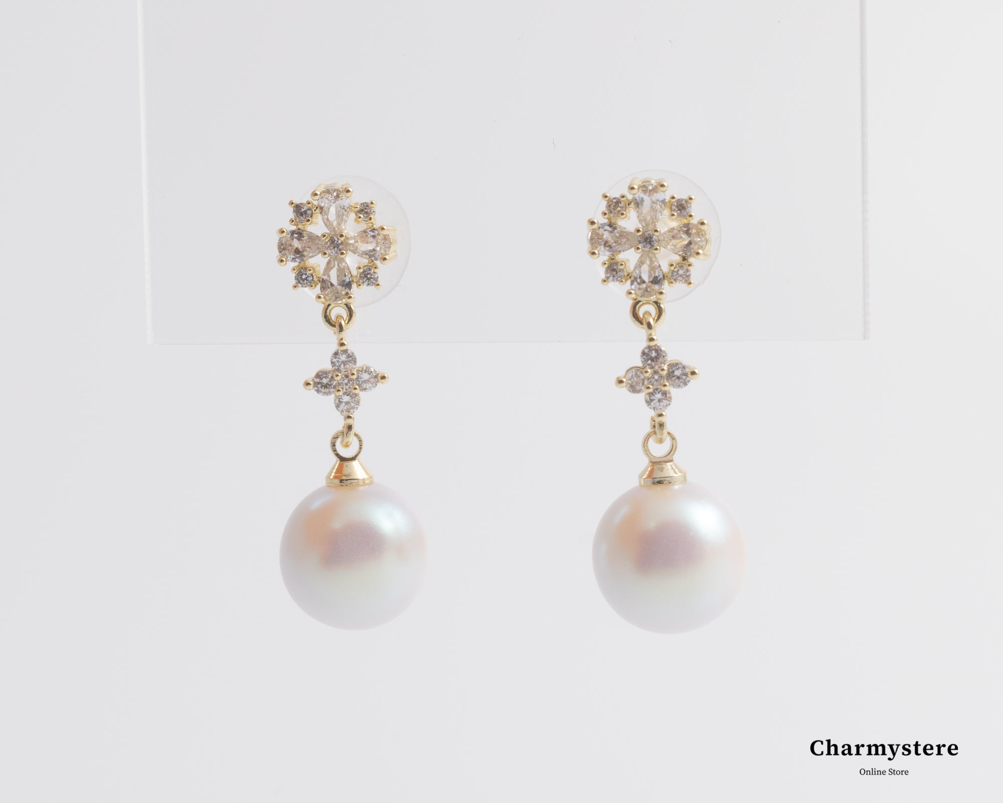 Flower Long Point Pearl Earrings